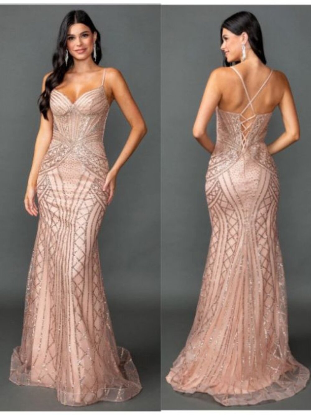 Dancing Queen Corset Gown Sequin Beaded Illusion Rose Gold Size M